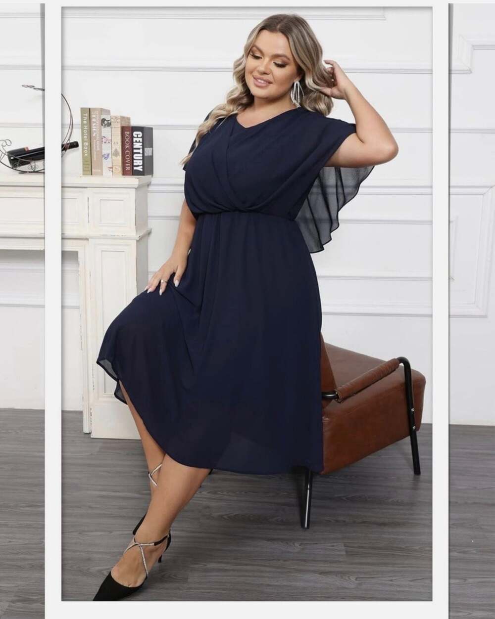 Hanna Nikole 18W Navy Chiffon Romantic Formal Ball MOB Wedding Midi Dress